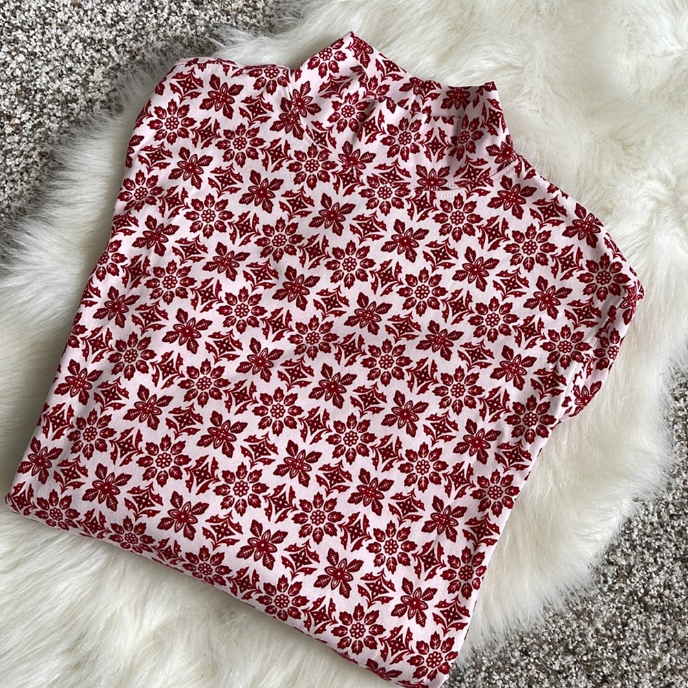 Land’s End Mock Neck Novelty Red &Cream Print Long Sleeve Top Size L
